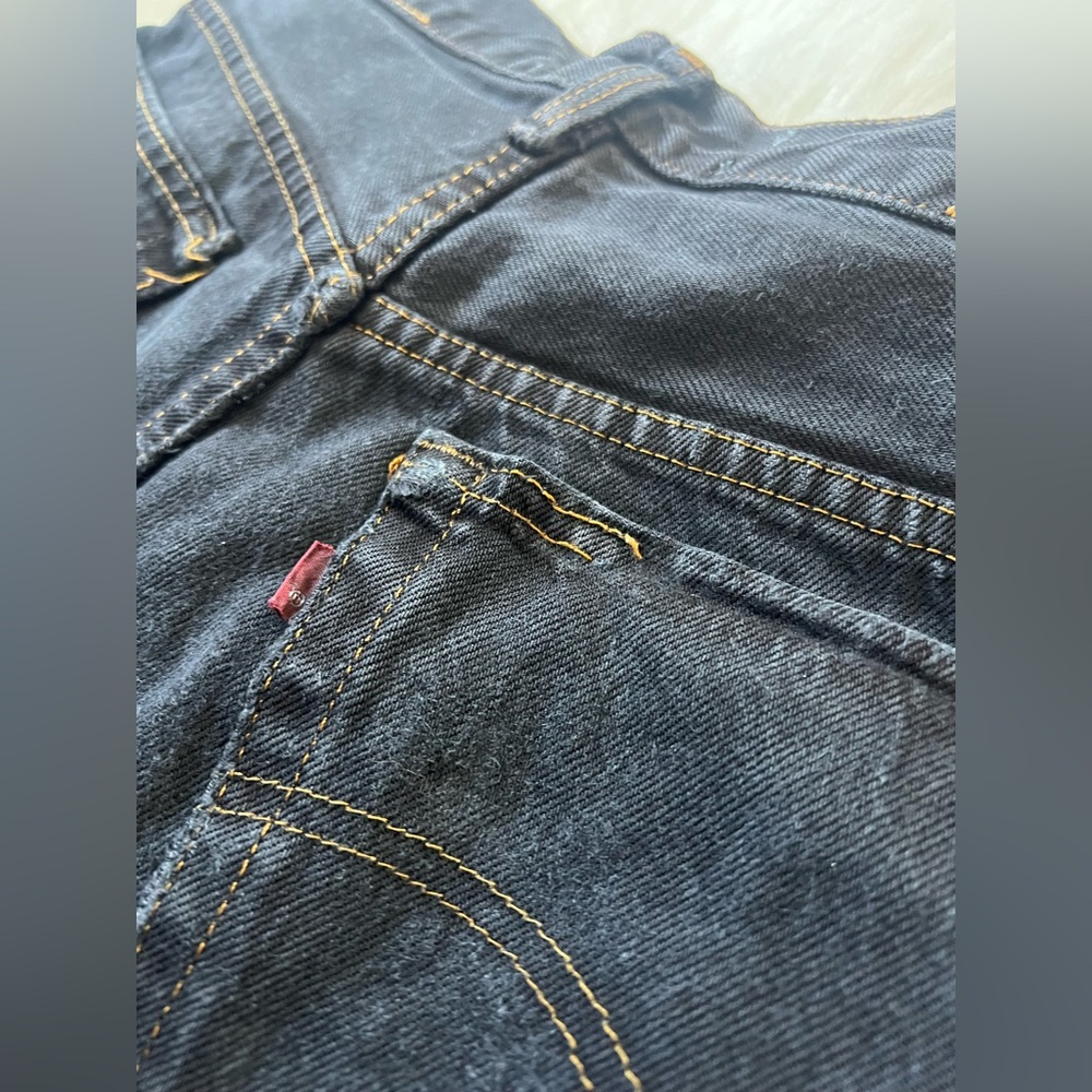 American Vintage Black Distressed Denim Shorts, Black-and-White Checkered Trim - Picture 9 of 10